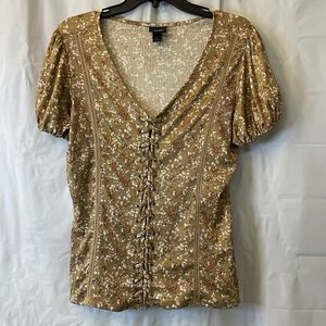 Daytrip Womens Floral Corset Style Faux Lace Up Stretch Ribbed Knit Top Sz L